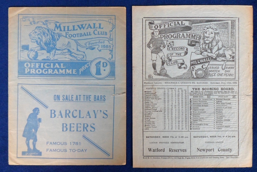 Football programmes, Millwall v QPR, 2 Millwall Home programmes, 10 Mar 1928 (sl creasing and