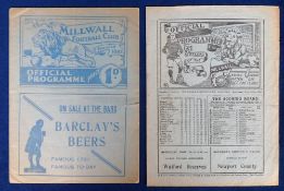 Football programmes, Millwall v QPR, 2 Millwall Home programmes, 10 Mar 1928 (sl creasing and