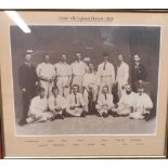 Cricket memorabilia, selection of framed items (7) including Nottingham Team group 1875, 32cm x 24cm