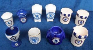 Football memorabilia, Chelsea FC, 3 pairs of cruet sets, all in blue & white with club badge