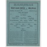 Football programme, West Ham v Millwall 11 Oct 1941, London War League, single sheet (vg)