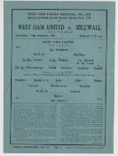 Football programme, West Ham v Millwall 11 Oct 1941, London War League, single sheet (vg)