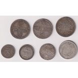 Coins, George II 1745 Lima shilling, George II 1741 shilling, Queen Anne 1711 shilling, George II