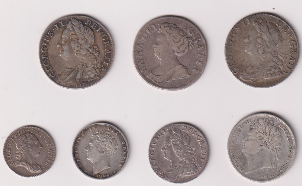 Coins, George II 1745 Lima shilling, George II 1741 shilling, Queen Anne 1711 shilling, George II - Image 2 of 2