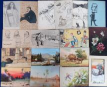 Postcards, 29 original art-drawn cards subjects include comic, glamour, scenery, flowers etc.