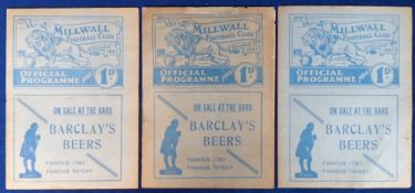Football programmes, 3 Millwall Home programmes, all 1936/37 Season, each one has had punched