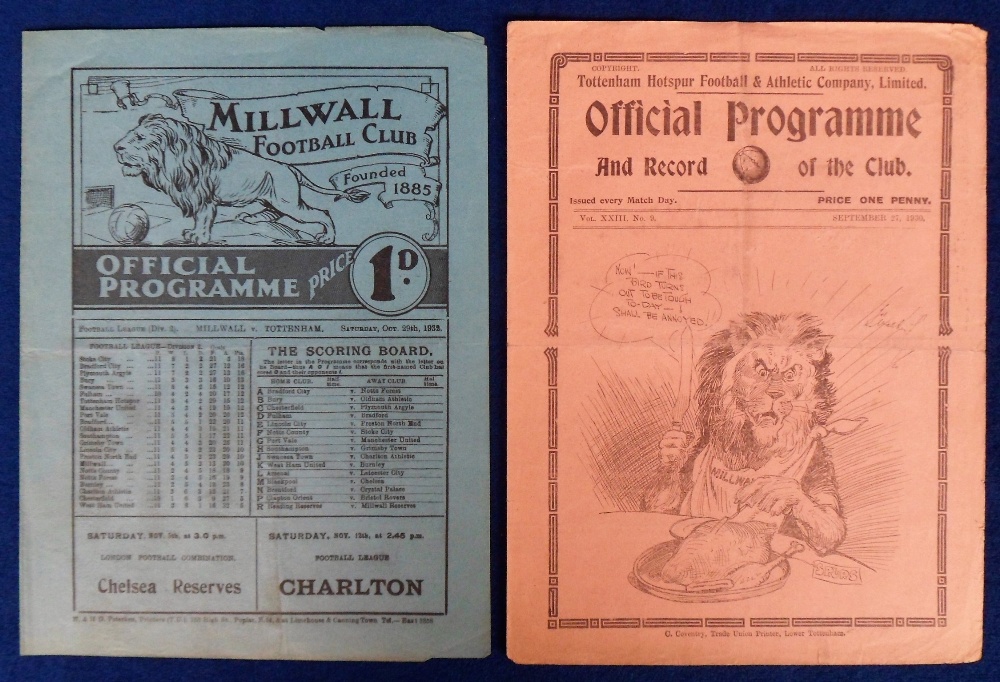 Football programmes, Millwall v Tottenham 29 Oct 1932 Div 2, & Tottenham v Millwall 27 Sep 1930