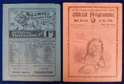 Football programmes, Millwall v Tottenham 29 Oct 1932 Div 2, & Tottenham v Millwall 27 Sep 1930