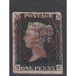 Stamps, GB QV 1d black, NC, 3 large margins lightly cancelled with a red MX. Crease to NE corner.