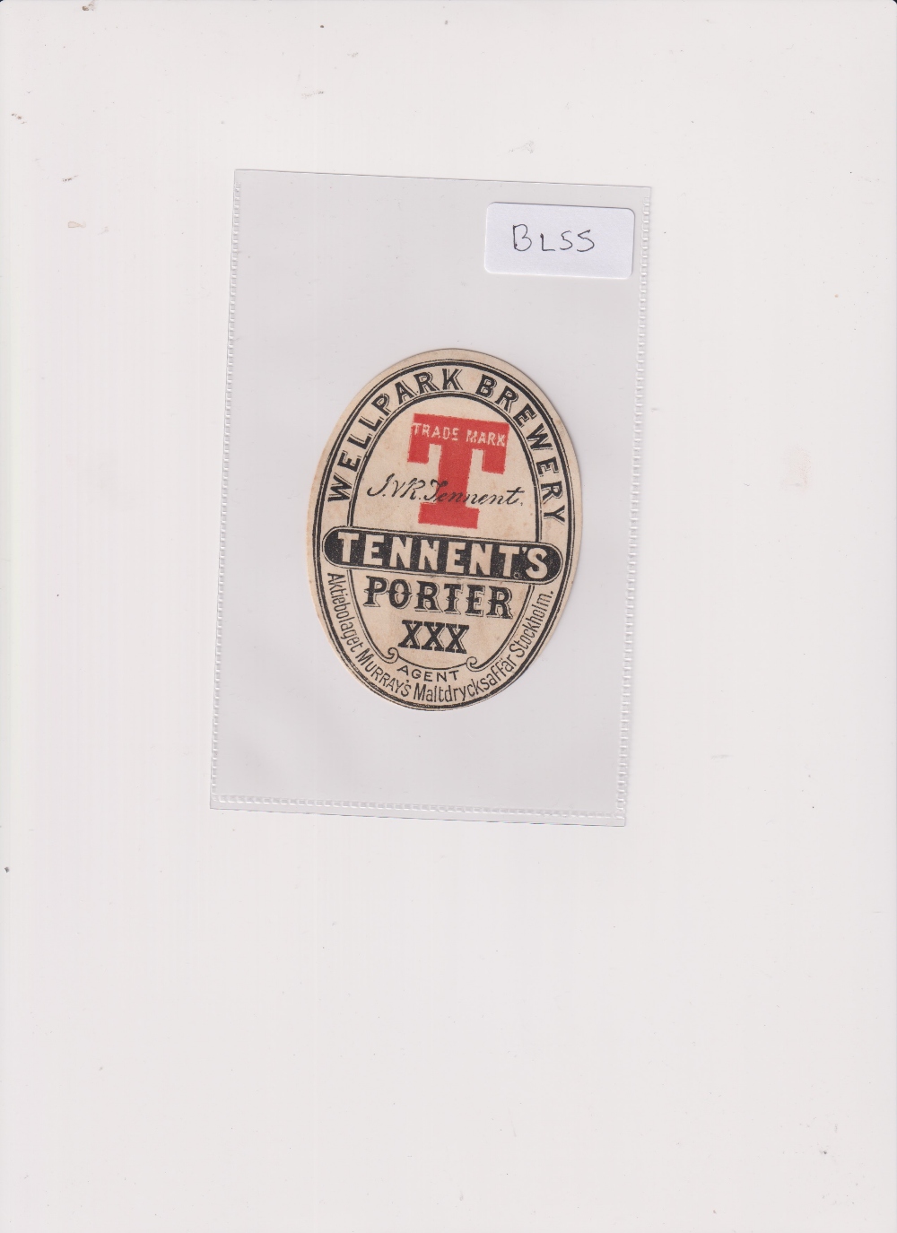 Beer label, J & R Tennent Ltd, Tennent's Porter XXX, vertical oval, 86mm x 66mm, (gd/vg) (1)