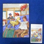 Postcard/Artwork, an 8x10 watercolour of lady and gentleman in railway carriage with porter