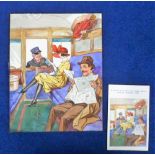 Postcard/Artwork, an 8x10 watercolour of lady and gentleman in railway carriage with porter