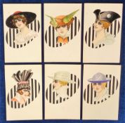 Postcards, Glamour, a good set of 6 Art Deco designed glamour cards published in Italy series