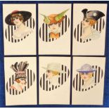 Postcards, Glamour, a good set of 6 Art Deco designed glamour cards published in Italy series