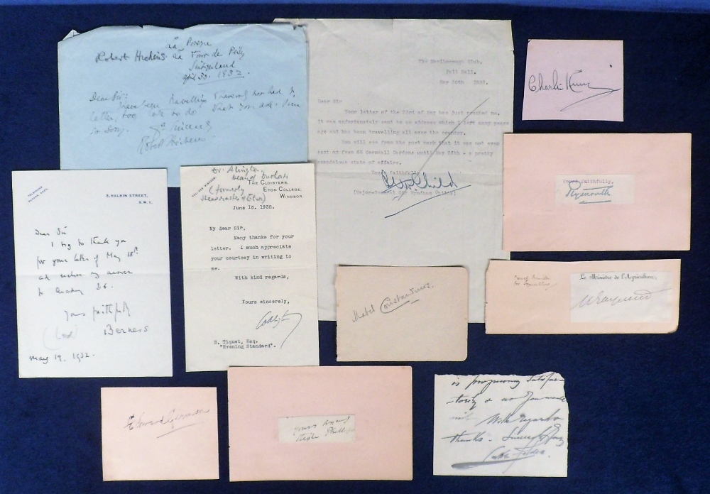 Autographs, signed notes, letters and album pages, many to Evening Standard all 1932 inc. Robert