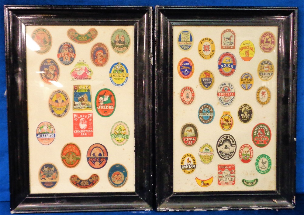 Beer labels, framed and glazed, (2), (buyer to collect), one a display of Christmas Beer labels,