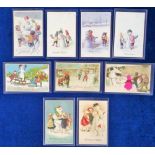 Postcards, a selection of 9 cards of snowmen, with 3 illustrated by C Ohler and 1 by Feiertag.