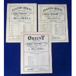 Football programmes, Clapton Orient v Millwall, three 4 page programmes, 13 March 1937 Division 3 (