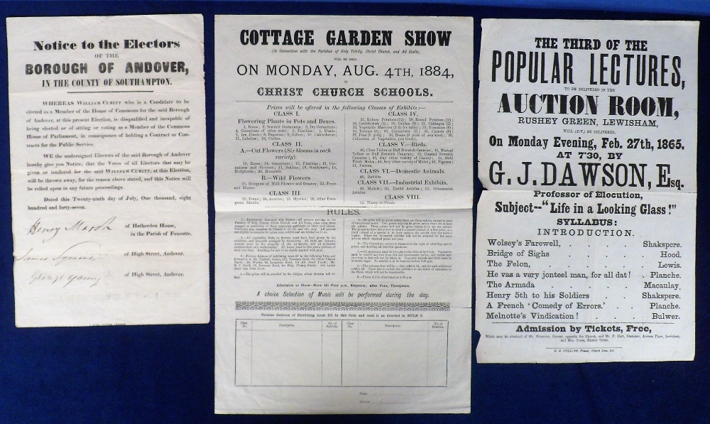 Ephemera, 4 19thC posters to include an 1884 flyer for a Cottage Garden Show with details of