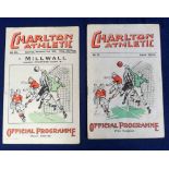 Football programmes, Charlton Athletic v Millwall 1934/35 Division 3 (South) & Charlton Athletic v