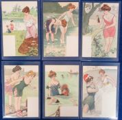 Postcards, Glamour, a set of 6 Art Nouveau cards of bathing belles (unsigned), no publisher (vg/ex)