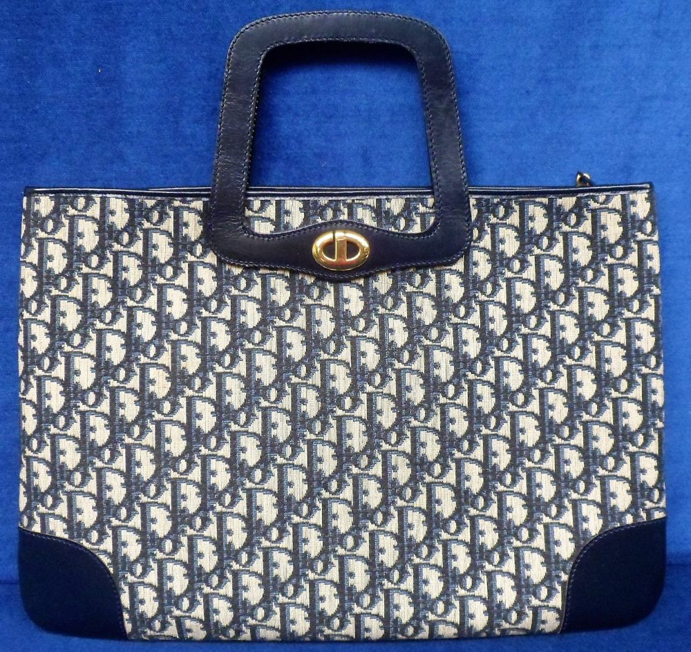 Christian Dior, fabric and navy leather tote bag with very slight wear (vg)