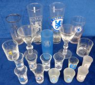 Football, Chelsea FC, drinking glasses to comprise 2 wine glasses, 2 whiskey tumblers, 11 shot