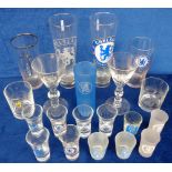 Football, Chelsea FC, drinking glasses to comprise 2 wine glasses, 2 whiskey tumblers, 11 shot