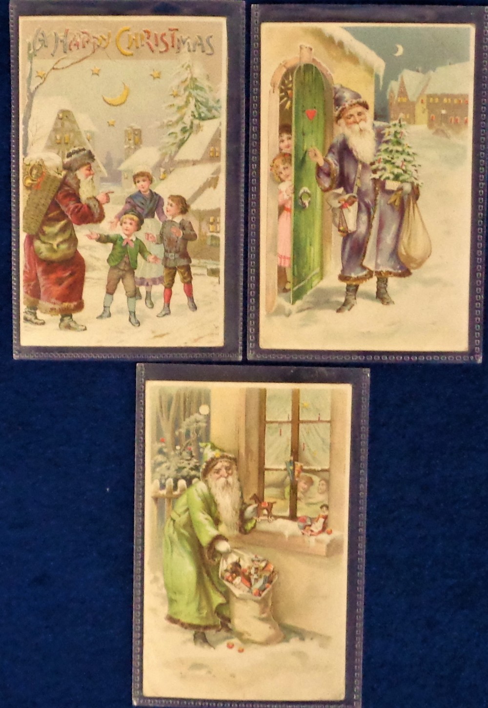 Postcards, H.T.L, a selection of 3 Santa HTL cards. Santa with green, red and blue robes. All with