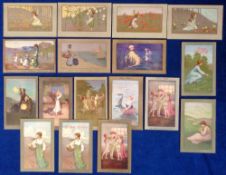 Postcards, a selection of 17 cards of children and young ladies illustrated by S Barham. All cards