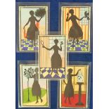 Postcards, Glamour, G. Royes, Art Deco Silhouettes, pub. By Aquarella Series 142, 5 cards,