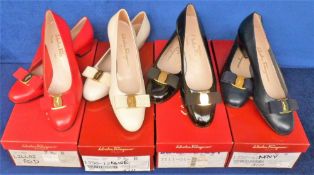 Salvatori Ferragamo, 4 pairs of ladies leather 'Lillaz' shoes size USA 7.5 in red, beige, navy and