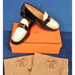 Hermes, ladies black and cream patent leather loafers size 37 with protective bags and box. Very