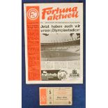 Football programme & ticket, Fortuna Dusseldorf v Chelsea, 12 September 1972, Friendly,