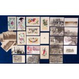 Postcards, Military, a mix of approx. 31 cards with 8 embroidered silks, mostly hearts, flowers