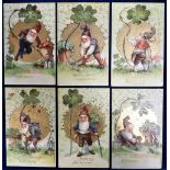 Postcards, a fine set of 6 embossed Christmas greetings cards (chromos) featuring gnomes,