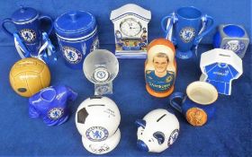 Football, Chelsea FC 13 souvenirs to include ceramic mantle clock, glass paperweight clock, 5