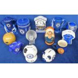 Football, Chelsea FC 13 souvenirs to include ceramic mantle clock, glass paperweight clock, 5