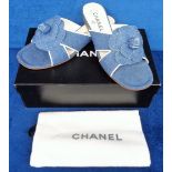 Chanel boxed denim ladies sandals size 37 with very light wear (vg)