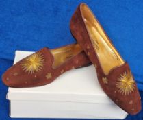 Hermes, ladies brown suede ballet pumps size 37 with stars embroidered in gold thread and a gold