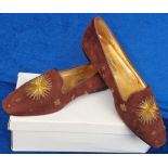 Hermes, ladies brown suede ballet pumps size 37 with stars embroidered in gold thread and a gold