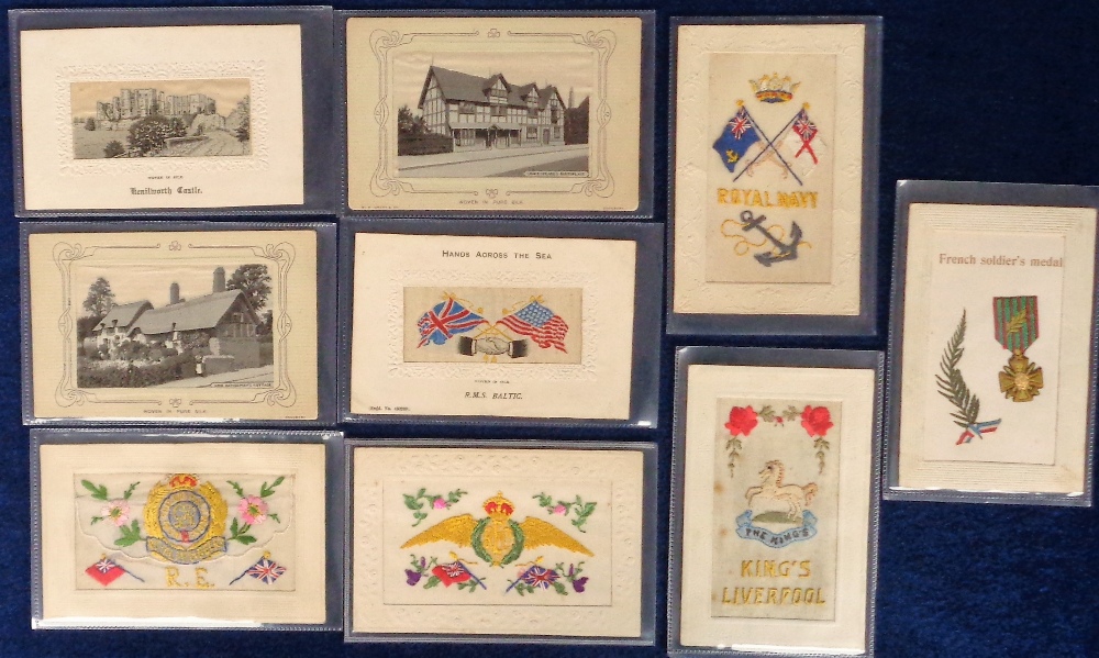 Postcards, Silks, a selection of 9 embossed and woven silk cards. Woven include RMS Baltic (Hands