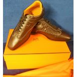 Hermes, ladies brown leather top stitched lace up shoes size 37.5 with protective shoe bags and box.