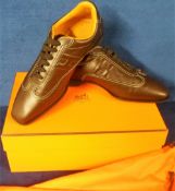 Hermes, ladies brown leather top stitched lace up shoes size 37.5 with protective shoe bags and box.