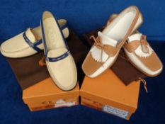 Tod's, 2 pairs of bi-colour ladies leather loafers, one size 37 white and tan (unworn but with