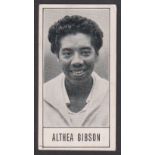 Trade card, Barratt's, Giants in Sport, type card, no 18 Althea Gibson, Tennis, the first African