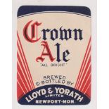 Beer label, Lloyd & Yorath, Newport, Crown Ale, 75mm high vertical rectangular (vg) (1)