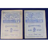 Football programmes, Millwall v Sheffield Wednesday 1938/9 & Millwall v Sheffield United 1938/9,