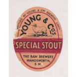 Beer label, Young & Co, Wandsworth, Special Stout, vertical oval, approx. 73mm high (tape repairs