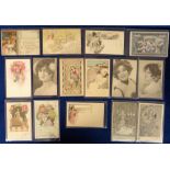 Postcards, Artist drawn, 15 cards, Glamour etc. inc. Art Nouveau, Sonrel, Max, Simplicissimus XII/5,